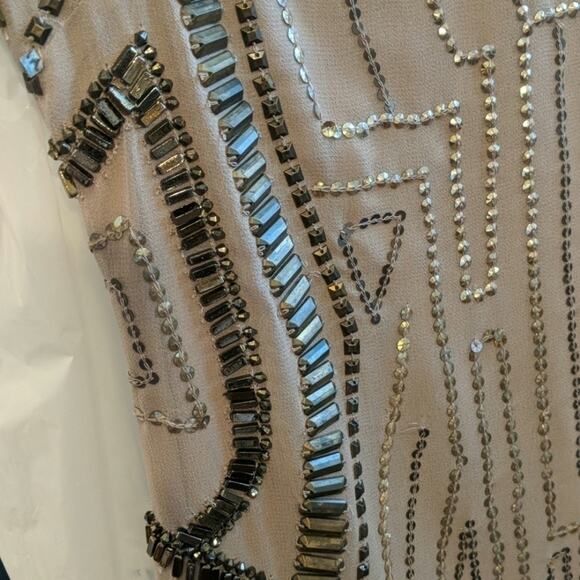 Spotlight by Warehouse Geometric Sequin Beaded 3/4 Sleeve Midi Dress Tan - Picture 6 of 7